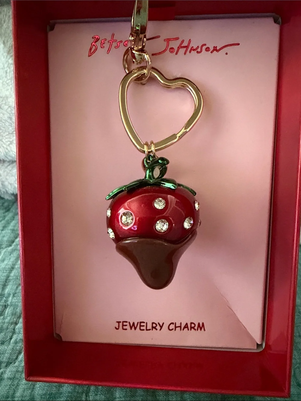 Betsey Johnson Red & Brown Strawberry Charm Keychain with Gold Hardware